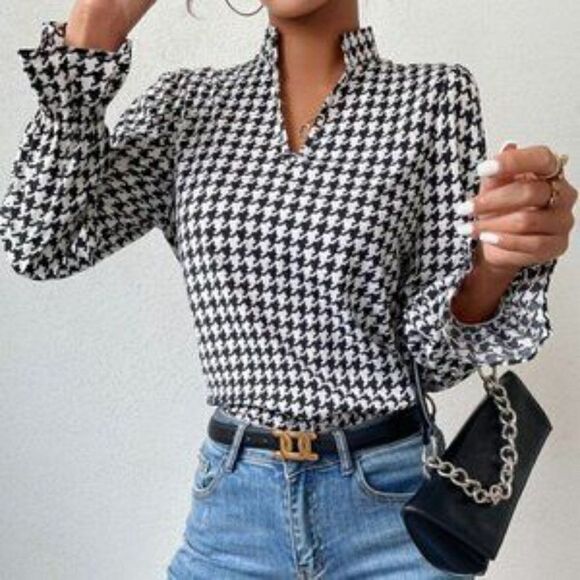 NEW houndstooth all over print long flounce blouse - Picture 4 of 9
